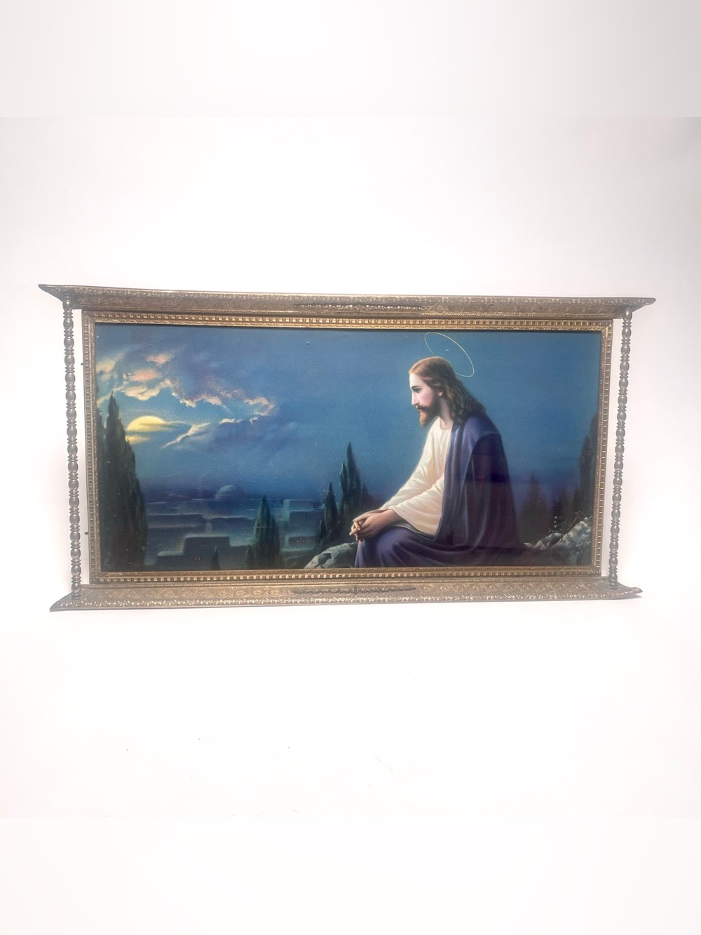 Vtg Warner Sallman Christ in Gethsemane Mount Of Olives Print Brass Frame 15"